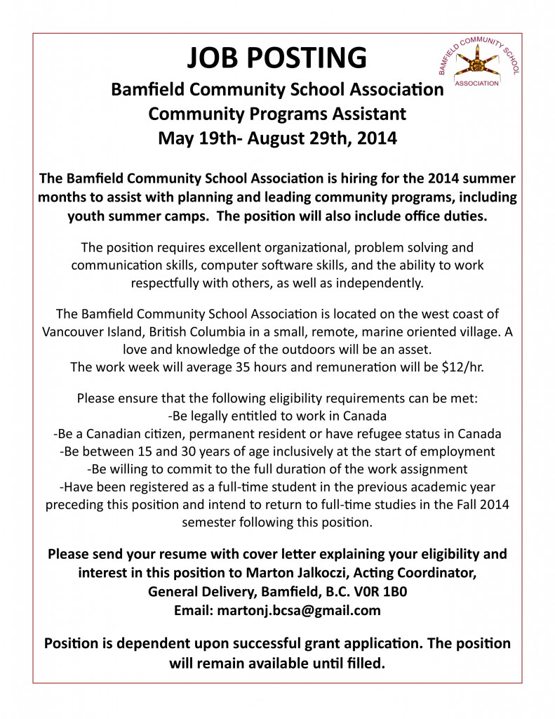 Community Programs Assistant Job Posting Bamfield Community School