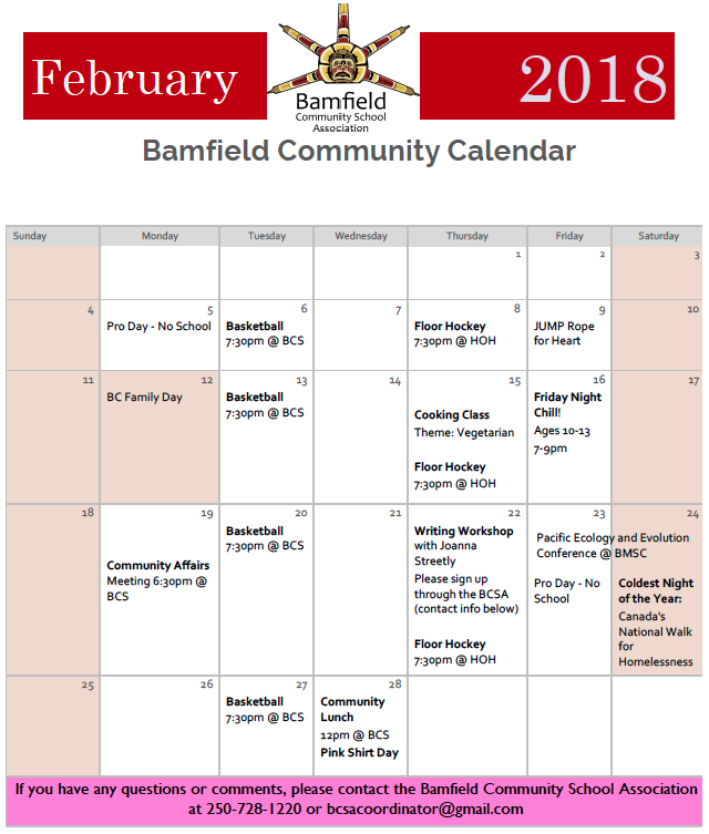 February Community Calendar Bamfield Community School Association